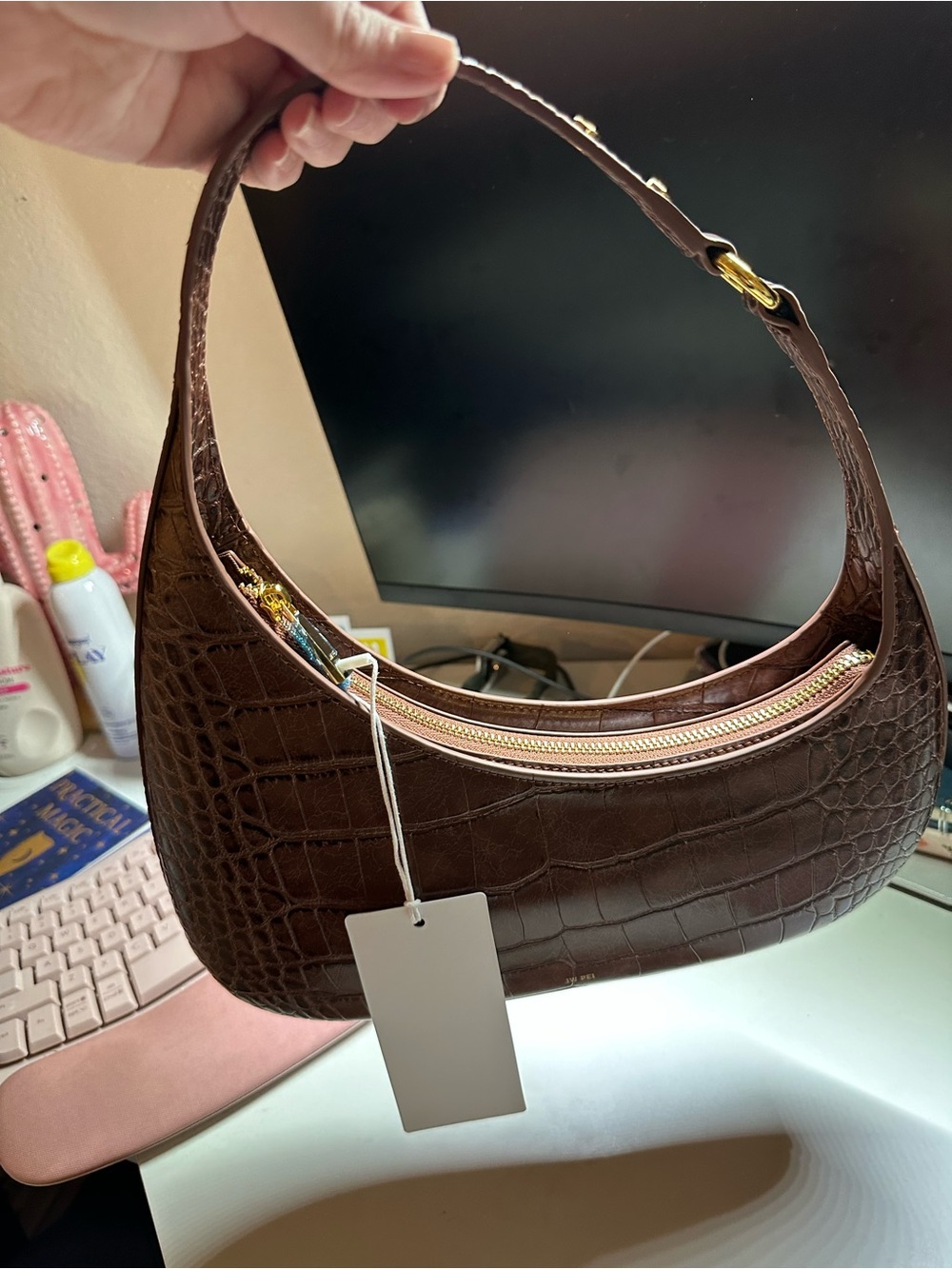 JW Pei - Women's Croc-Embossed Leather Shoulder Bag - Dark Brown